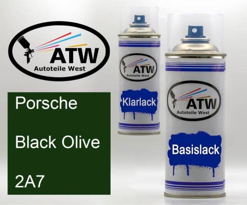 Porsche, Black Olive, 2A7: 400ml Sprühdose + 400ml Klarlack - Set, von ATW Autoteile West.
